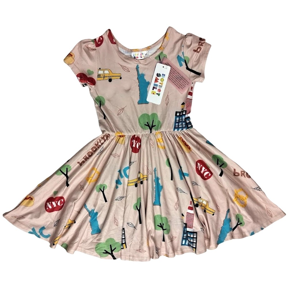 Dot Smile Girls 3 4 New York Themed Cap Sleeve Twirl Dress Tan Brown NYC New